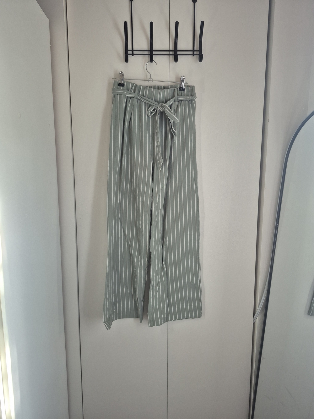 twik Sage Green and White Vertical Stripe Wide-Leg Pants with Tie Waist